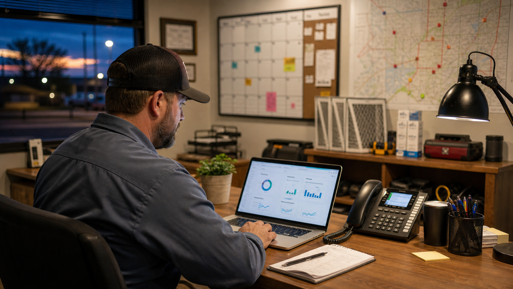 HVAC dispatcher reviewing call and booking notes in an office after hours.
