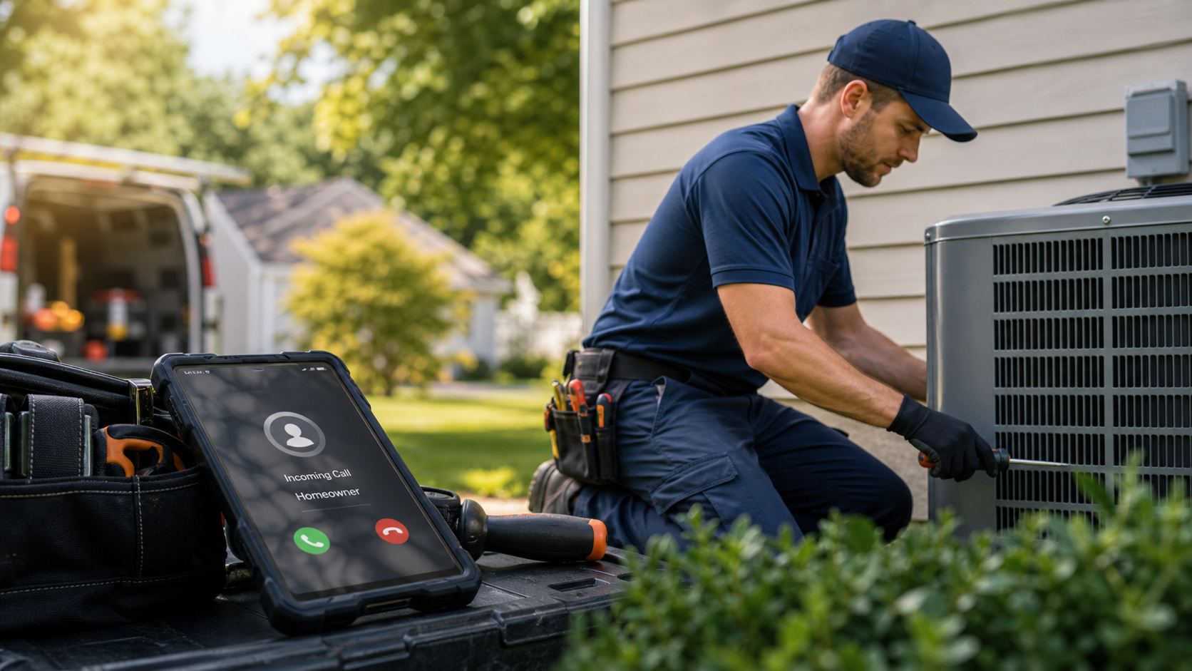 HVAC technician working beside an outdoor condenser while a homeowner call comes in.